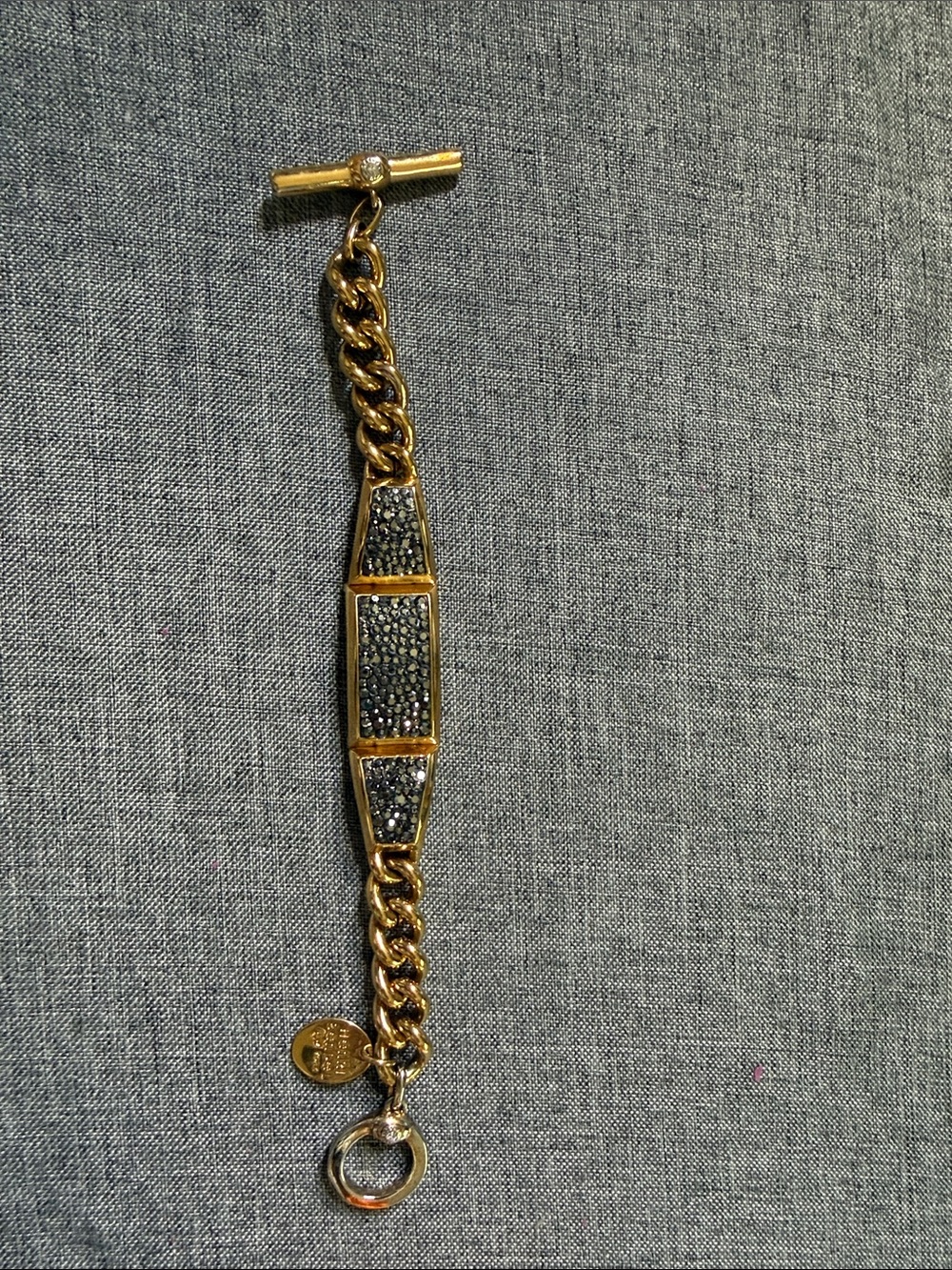 henri bendel Gold Chain Bracelet, black pave crystals w/ Logo Charm -6.25”